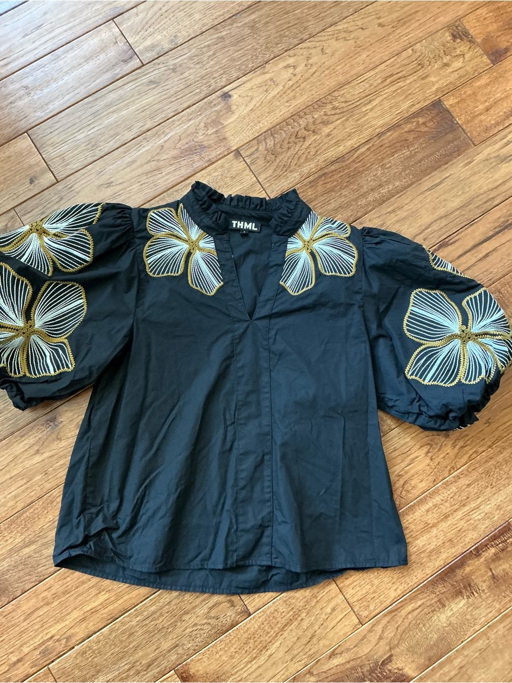 THML Black Puff Sleeve Shirt with Yellow and White Flowers, small